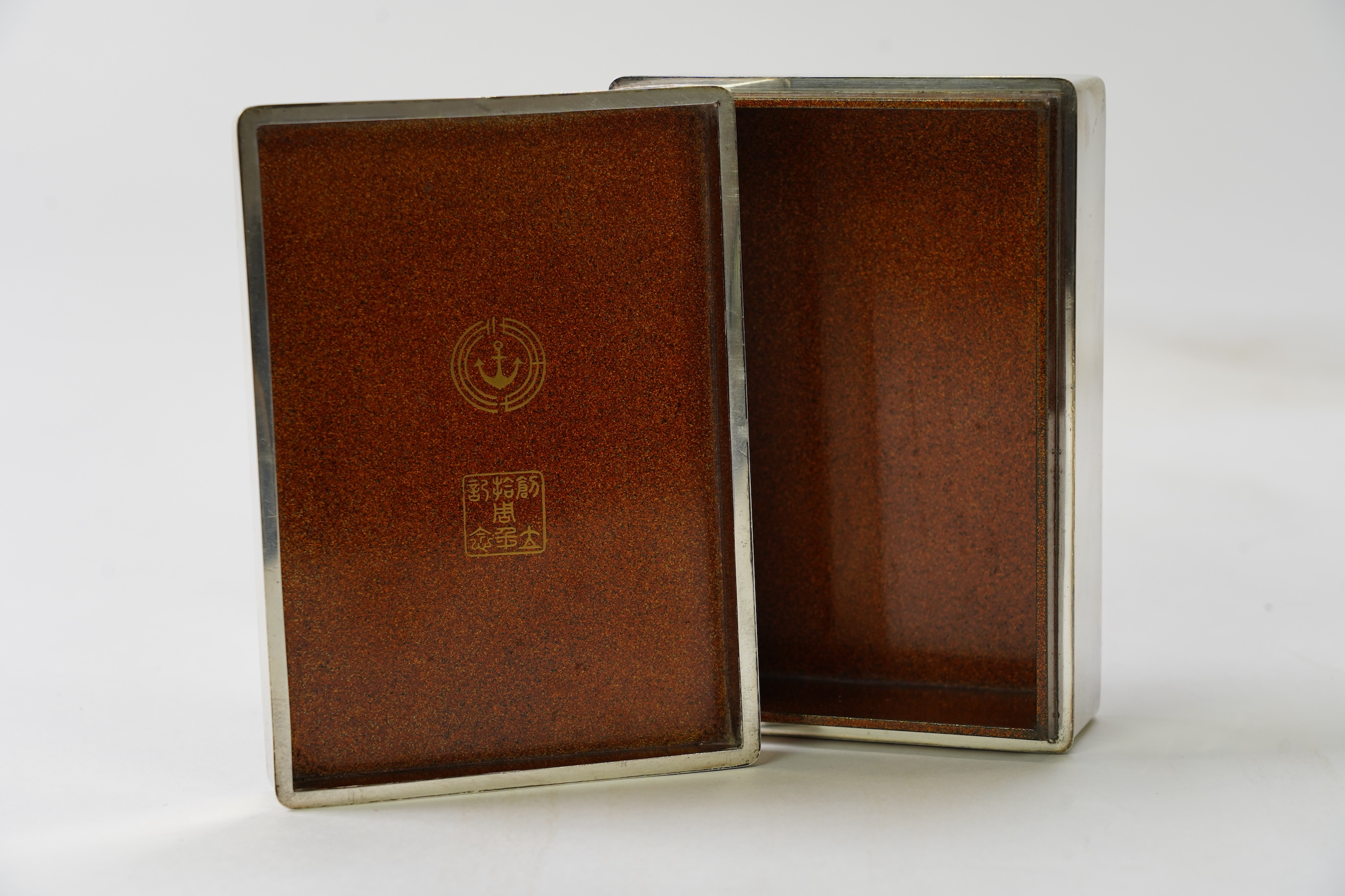 A Japanese shibuichi and shakudo mounted silver box and cover, Taisho period